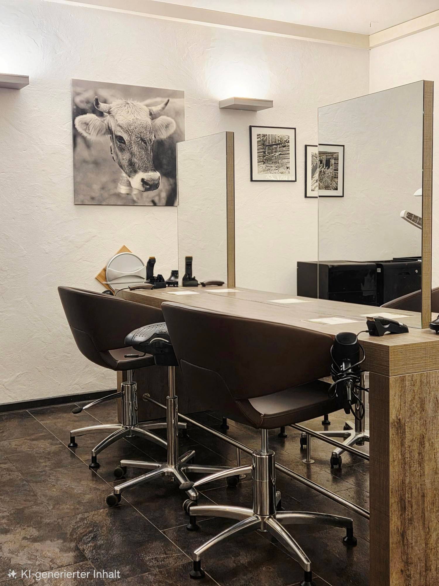 Mehrere Flaschen lilafarbener Mook-Haarpflegeprodukte stehen auf einem weißen Regal in einem Salon mit Waschbecken und einem Kuhporträt.