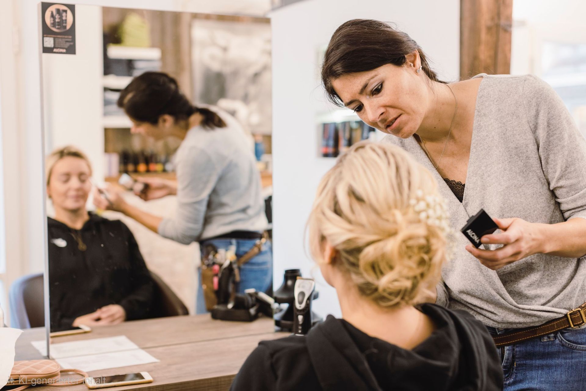 In einem Raum mit einer steinverzierten Wand, Holzvertäfelung und einer weißen Trennwand mit Regalen befinden sich zwei braune Salonwaschplätze.
