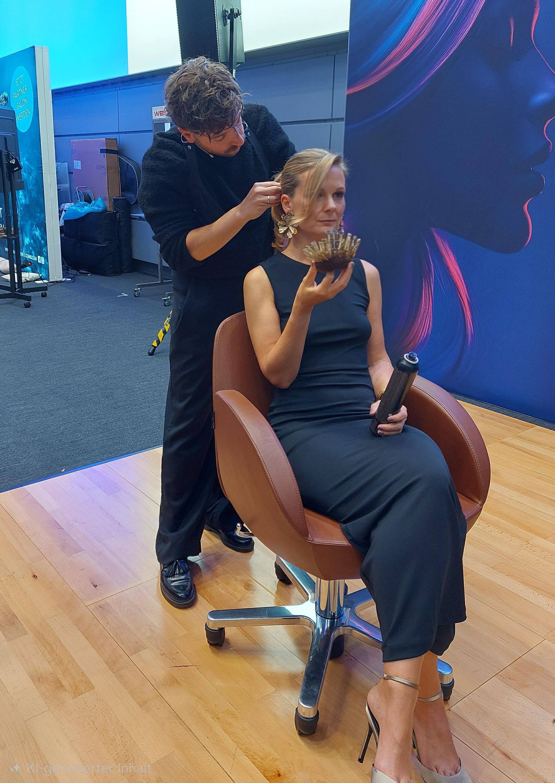 Eine Stylistin frisiert einer sitzenden Frau die Haare in einem Salon vor blauem Hintergrund und Holzboden.