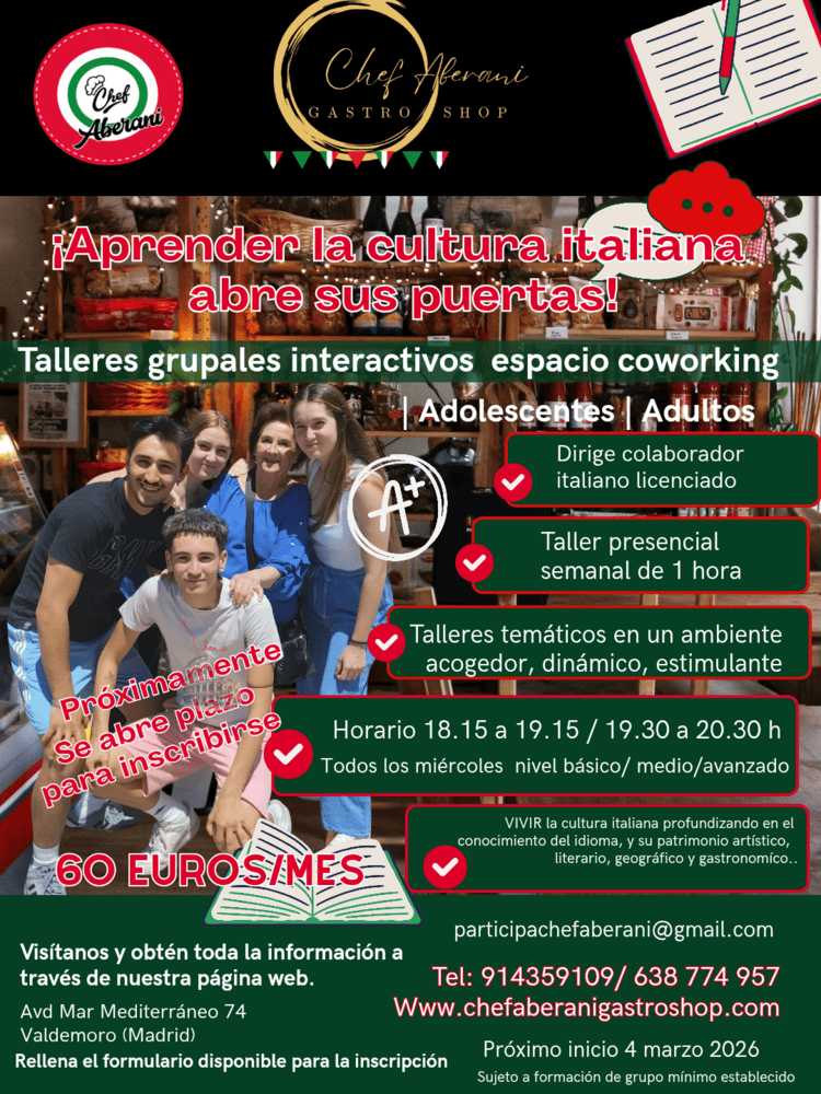 Folleto informativo sobre los talleres de italiano en el restaurante Chef Aberani Gastroshop en Valdemoro, que incluye información sobre horarios, contacto y precios.