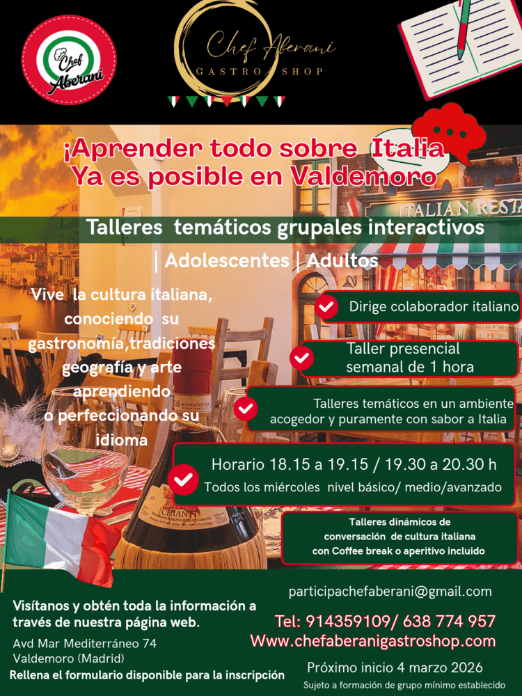 Folleto informativo sobre los talleres de cocina italiana que imparte el chef Aberani en Valdemoro, con clases temáticas semanales, horarios e información de contacto.