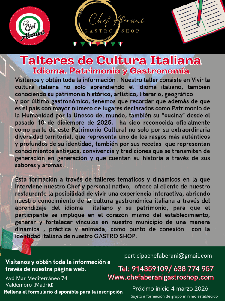 Folleto informativo sobre los talleres de cultura italiana del chef Aberani, que incluyen clases de idioma, historia y gastronomía en Valdemoro, Madrid.