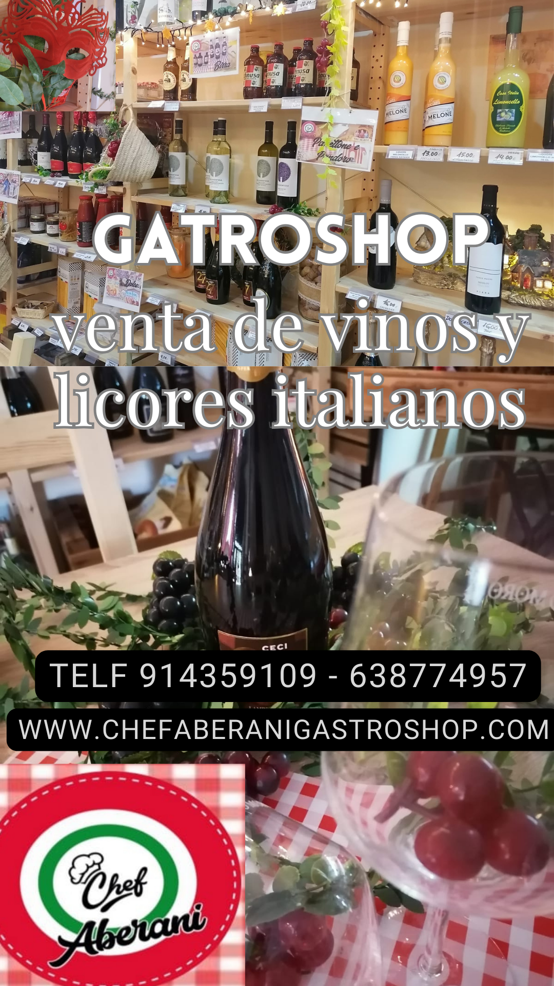 Un cartel para gatroshop que vende vinos y licores.