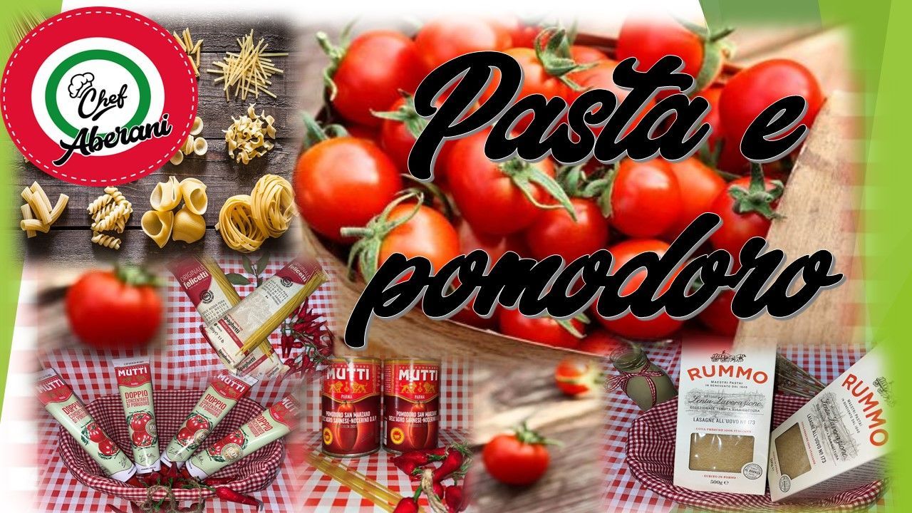 Un collage de pasta y tomates que dice pasta e pomodoro