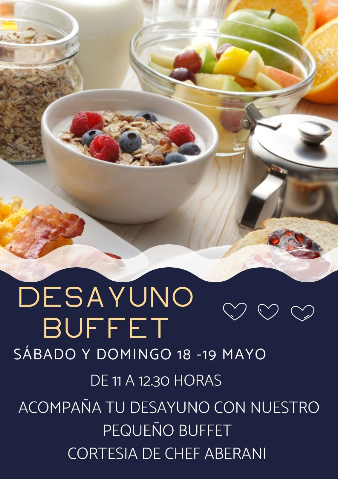 Un anuncio de un buffet de desayuno muestra un tazón de cereales y un tazón de fruta.