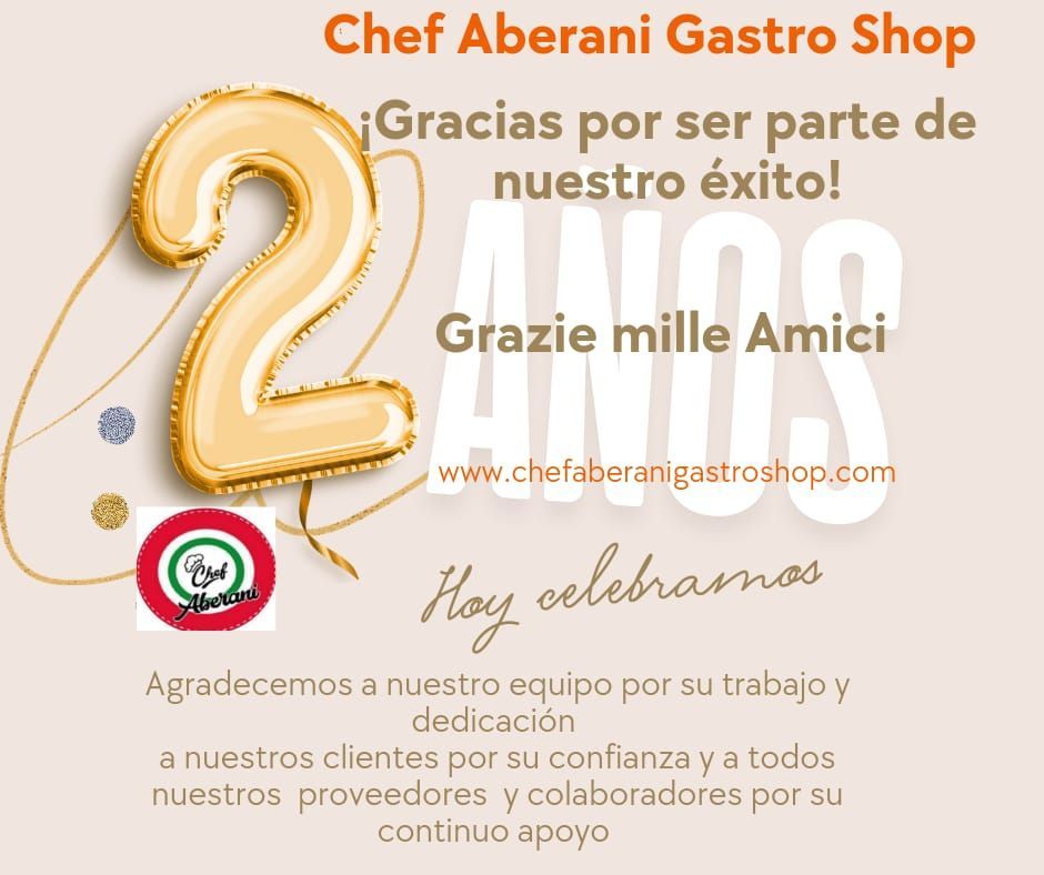 Un anuncio de la tienda gastronómica del chef Aberani en español.