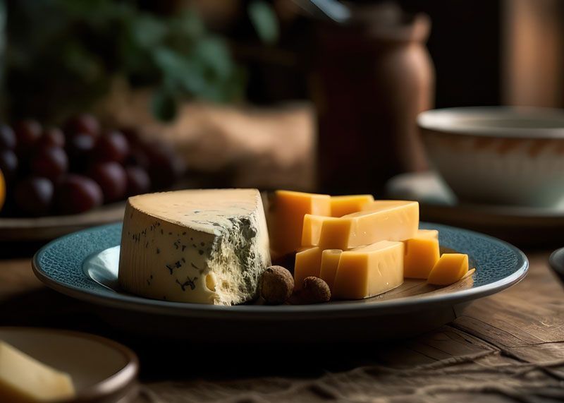 Un plato de queso y nueces sobre una mesa de madera.