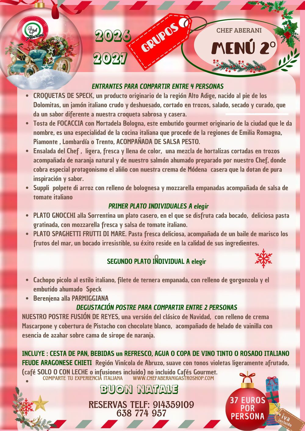 Folleto con el menú navideño del restaurante La Piccola, que incluye opciones de menú, precios e imágenes de los platos con decoraciones festivas.