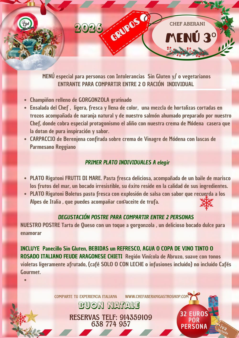 Menú navideño de un restaurante con secciones para entrantes, platos principales y postres, con un precio de 26,80.
