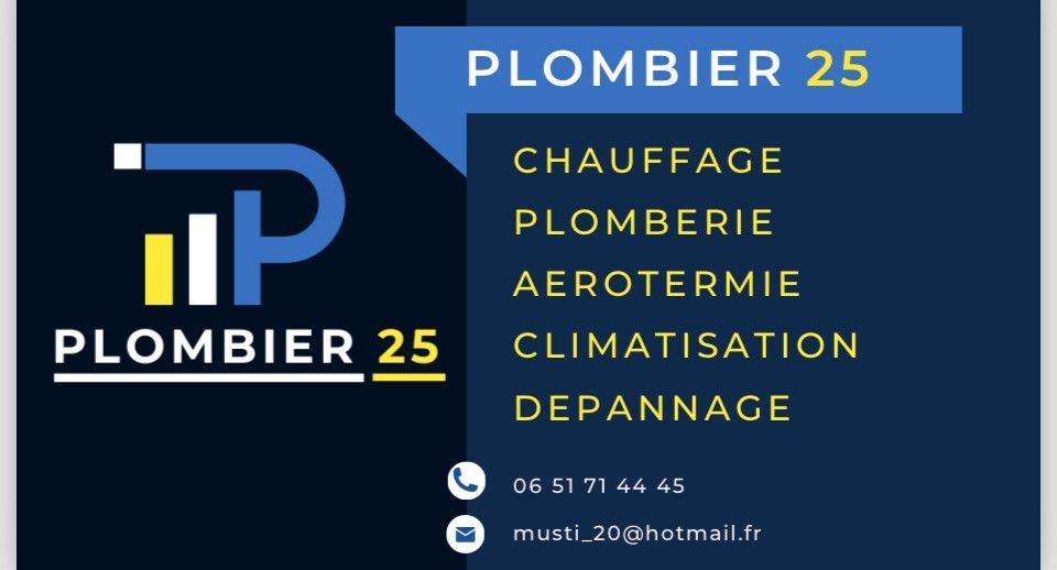 Carte de visite de Plombier 25 avec services de chauffage, plomberie, aérothermie, climatisation et dépannage.