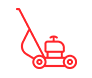 Un dibujo de línea roja de una cortadora de césped sobre un fondo blanco.
