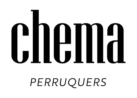 Un logotipo en blanco y negro para Chema Perruquers sobre un fondo blanco.