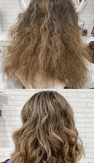 Una foto de antes y después del cabello de una mujer.