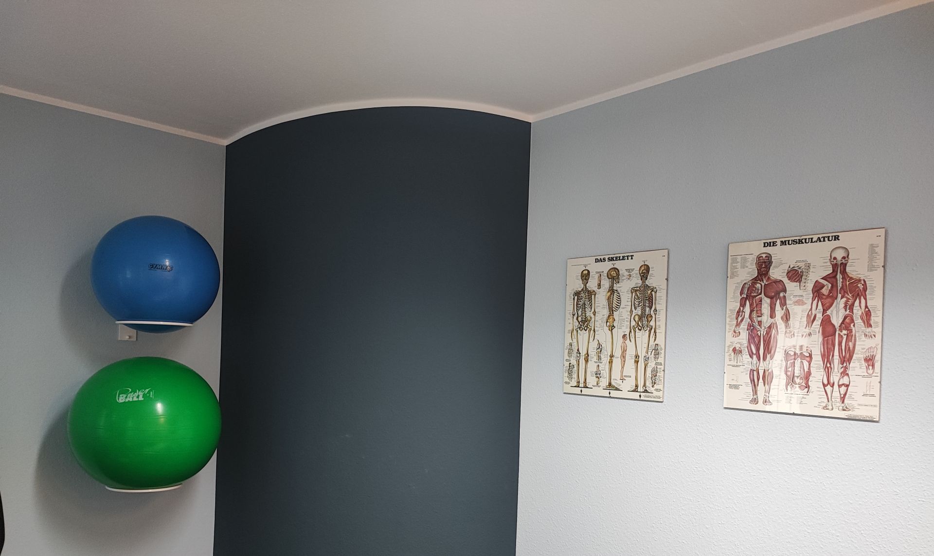 Blaue und grüne Gymnastikbälle an der Wand, anatomische Tafeln in einem hellblauen Raum.