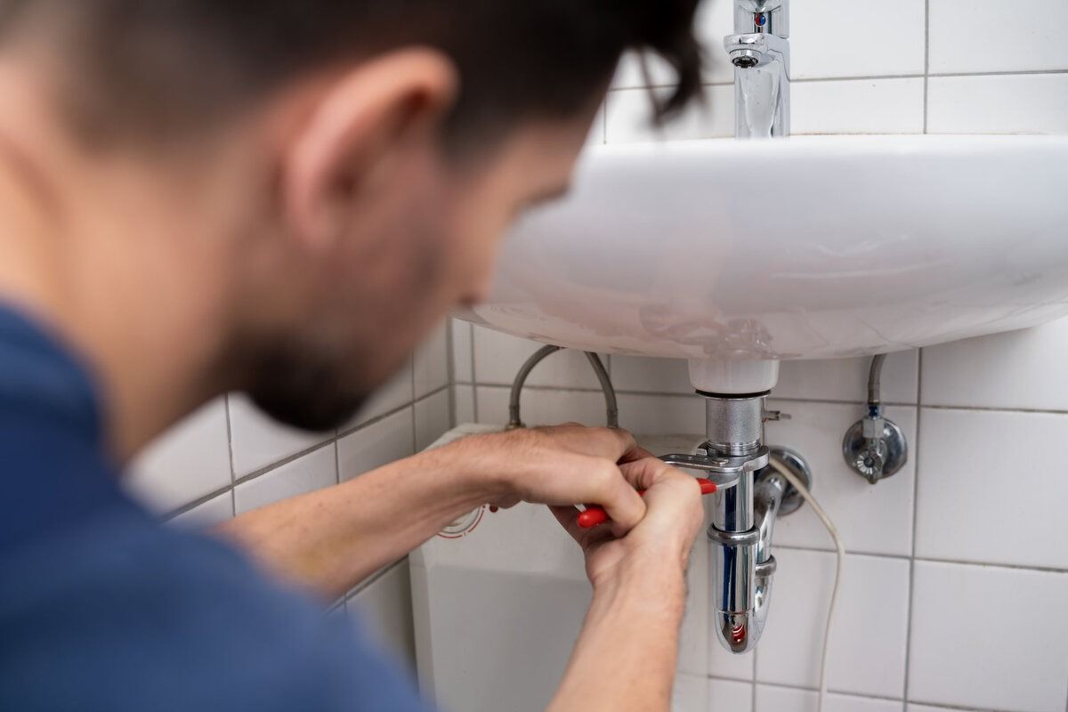 Un hombre está arreglando un lavabo en un baño con un destornillador.