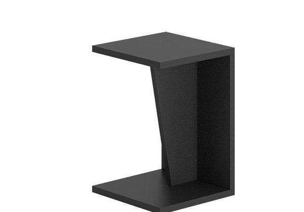 Una mesa auxiliar negra con un estante debajo sobre un fondo blanco.