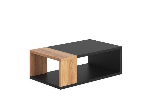 Una mesa de café negra y de madera sobre un fondo blanco.