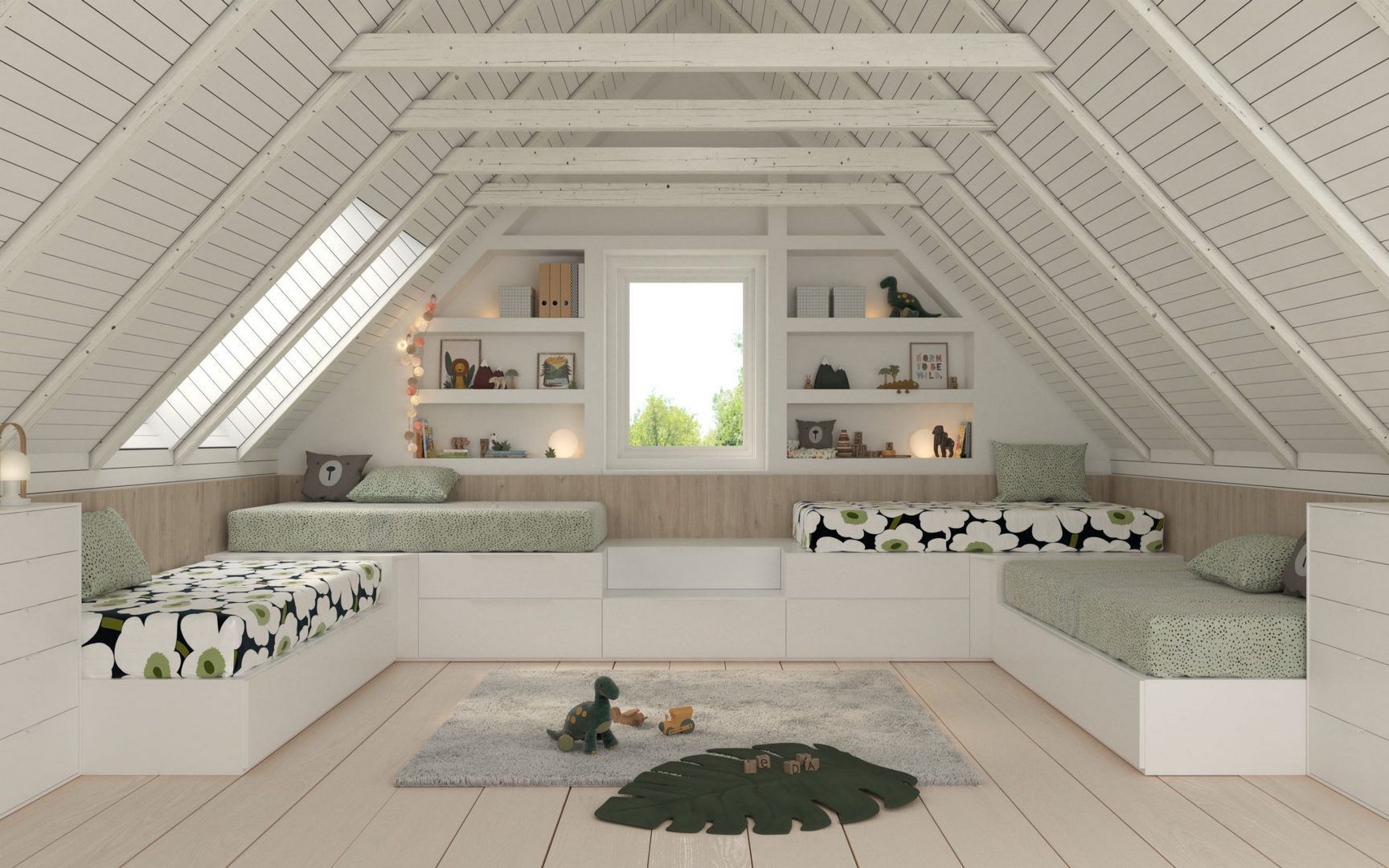 Hay dos camas en el ático con ventana.