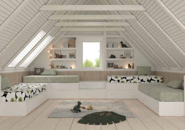 Un dormitorio abuhardillado con muchas camas y estanterías.