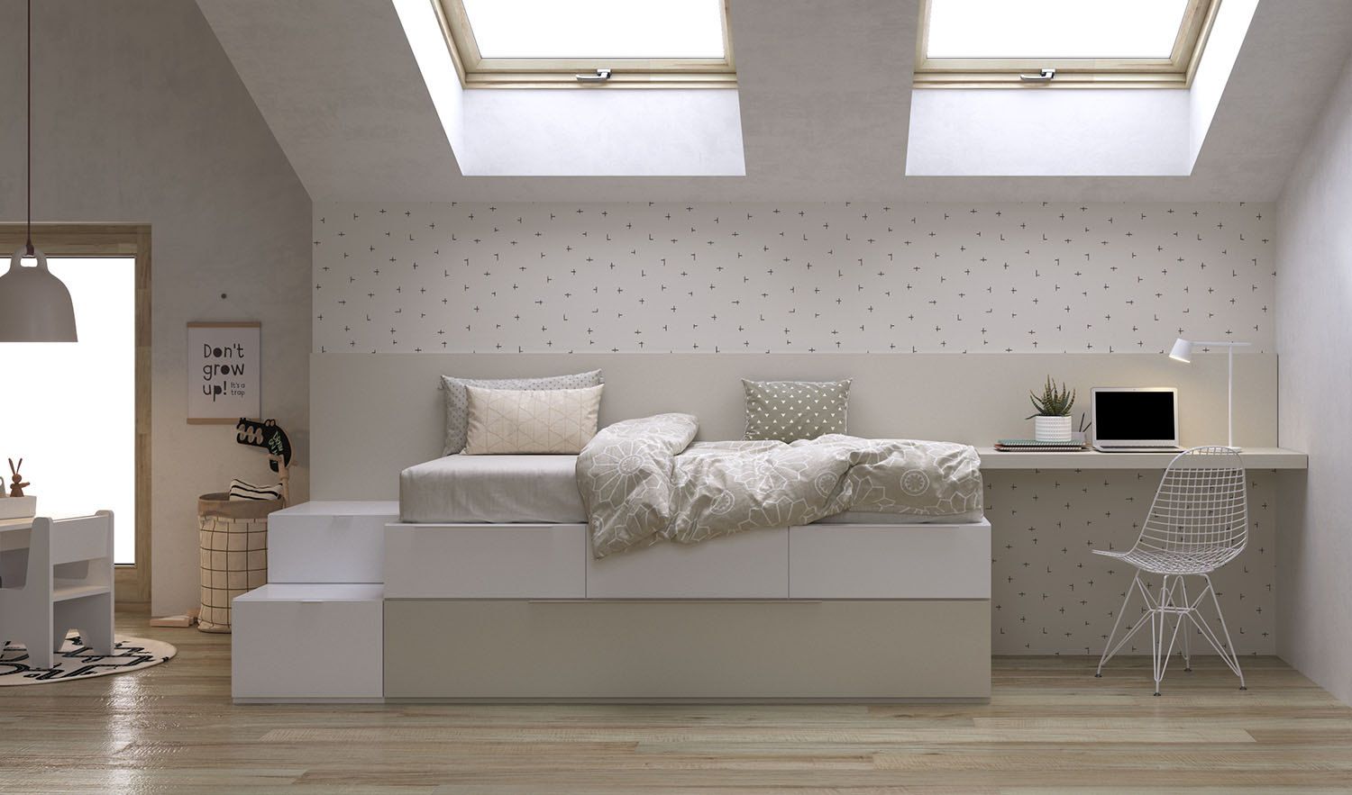 Un dormitorio con una cama y un escritorio con una computadora portátil encima.