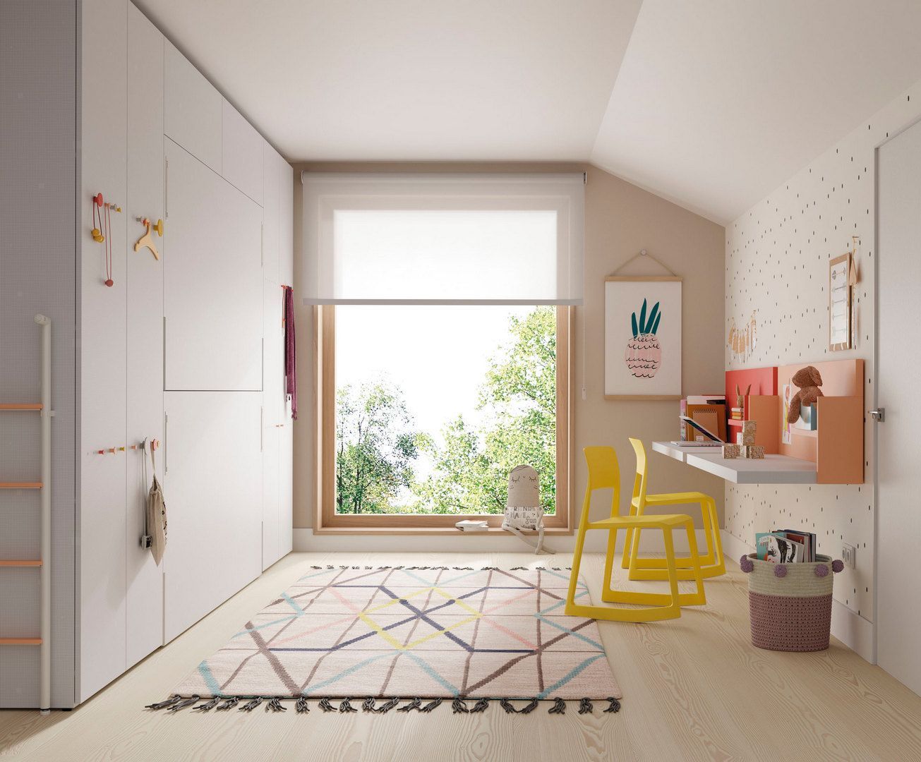 Una habitación infantil con paredes blancas y una gran ventana.