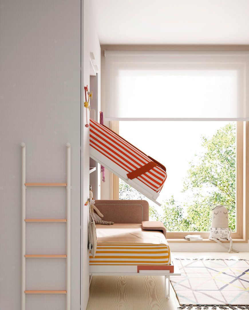 Un dormitorio con un sofá y una litera.