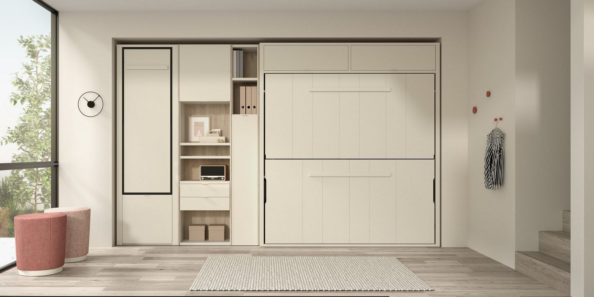 Una habitación con una cama montada en la pared y un reloj en la pared.