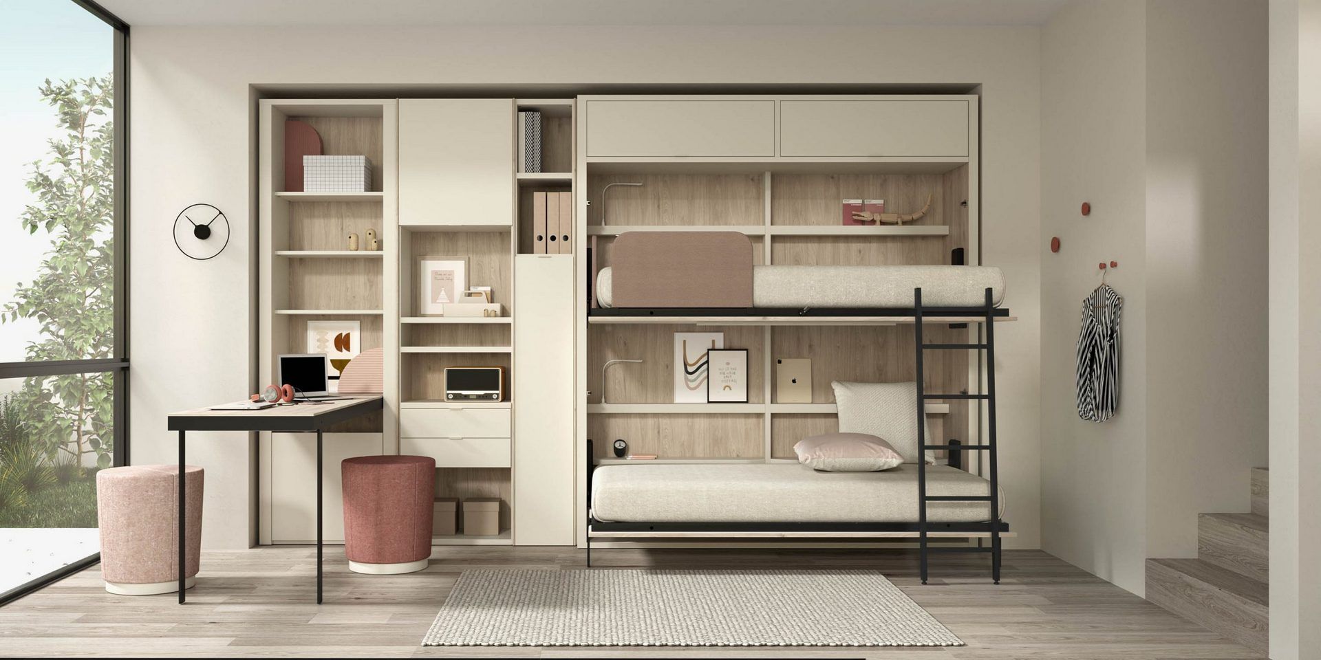 Un dormitorio con una litera y un escritorio.