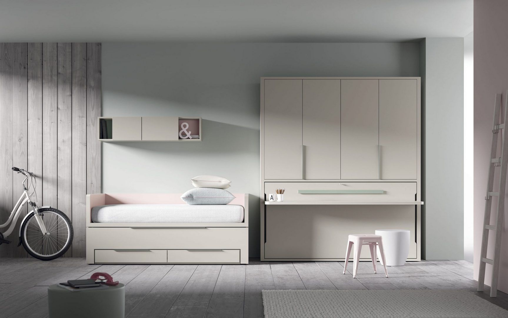 Un dormitorio con una cama, un armario, un escritorio y una bicicleta.