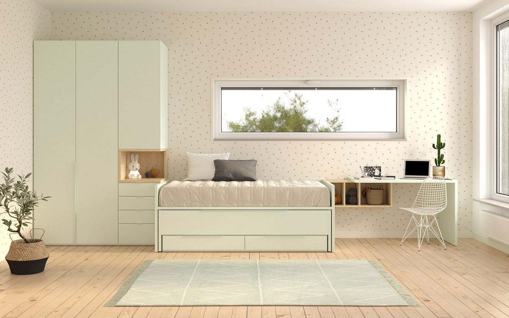 Un dormitorio con cama, escritorio, armario y ventana.