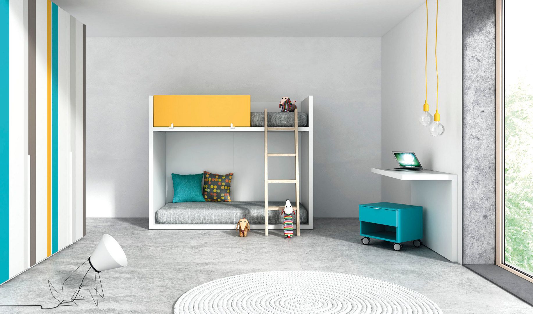 Un dormitorio con una litera y un escritorio.