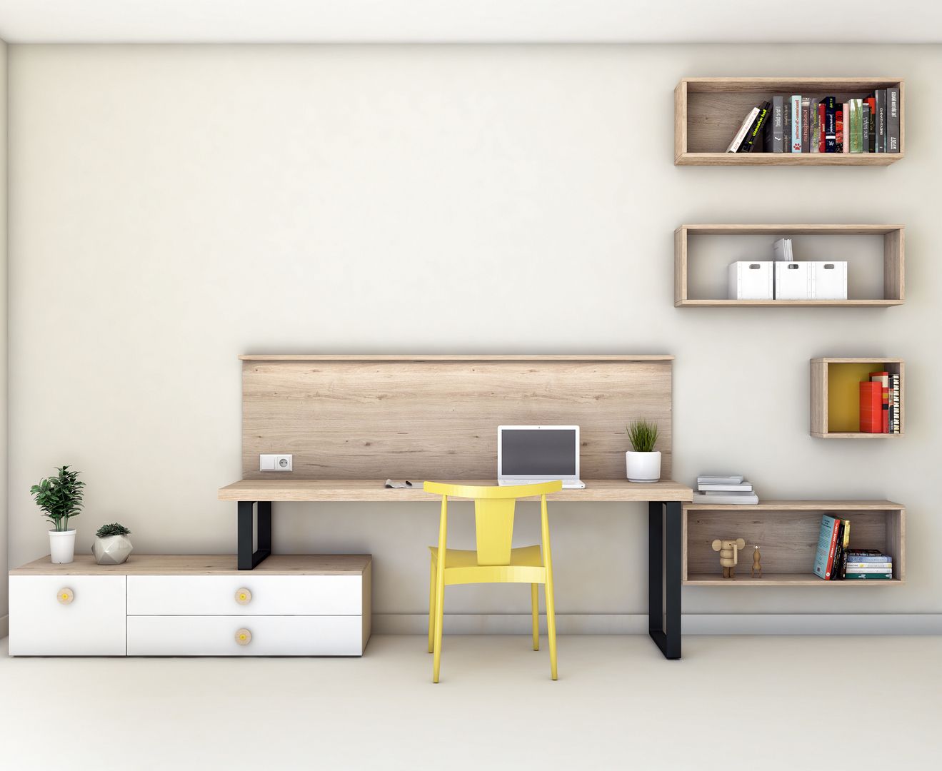 Un escritorio con una computadora portátil y una silla amarilla.