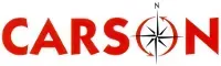 Un logo Carson rouge avec une boussole dessus
