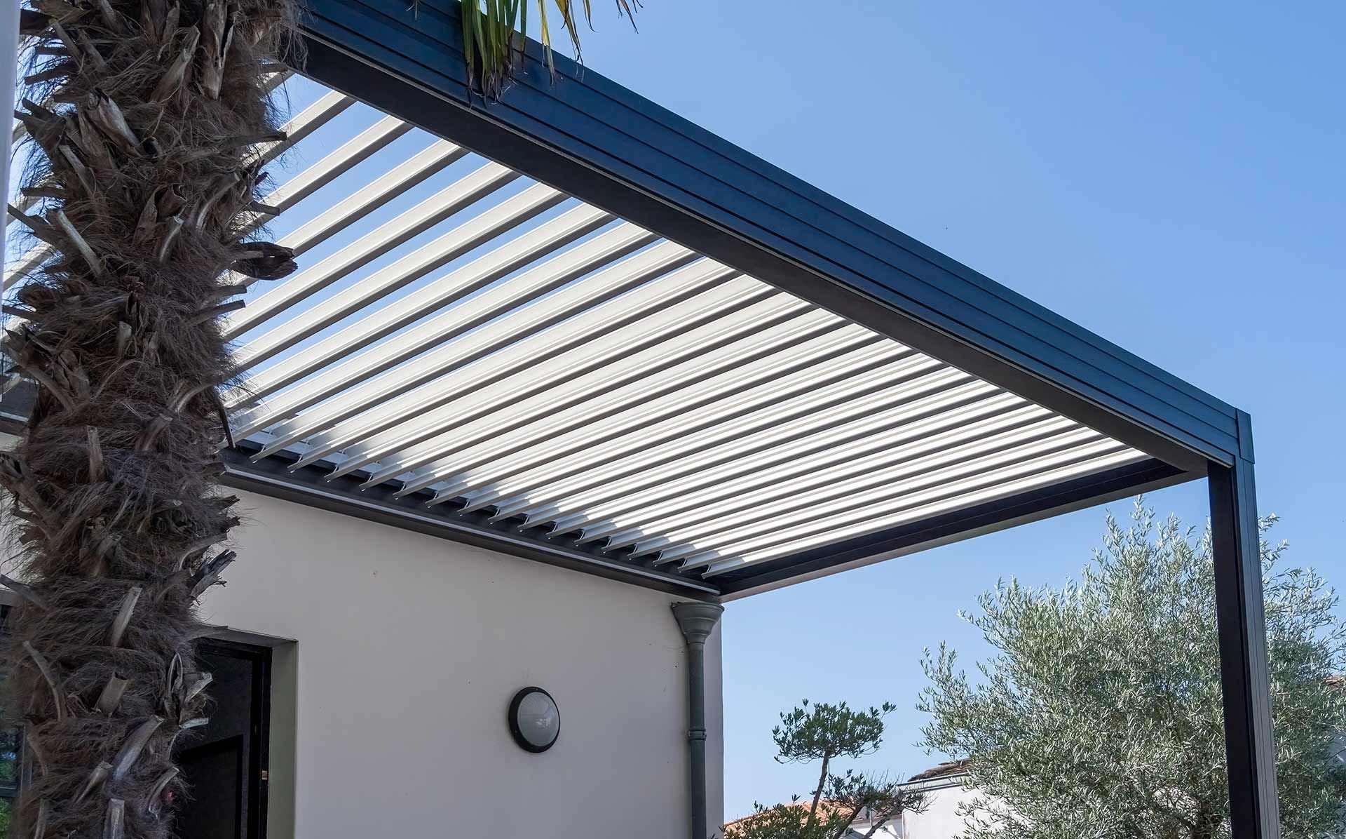 Pergola bioclimatique avec un palmier devant