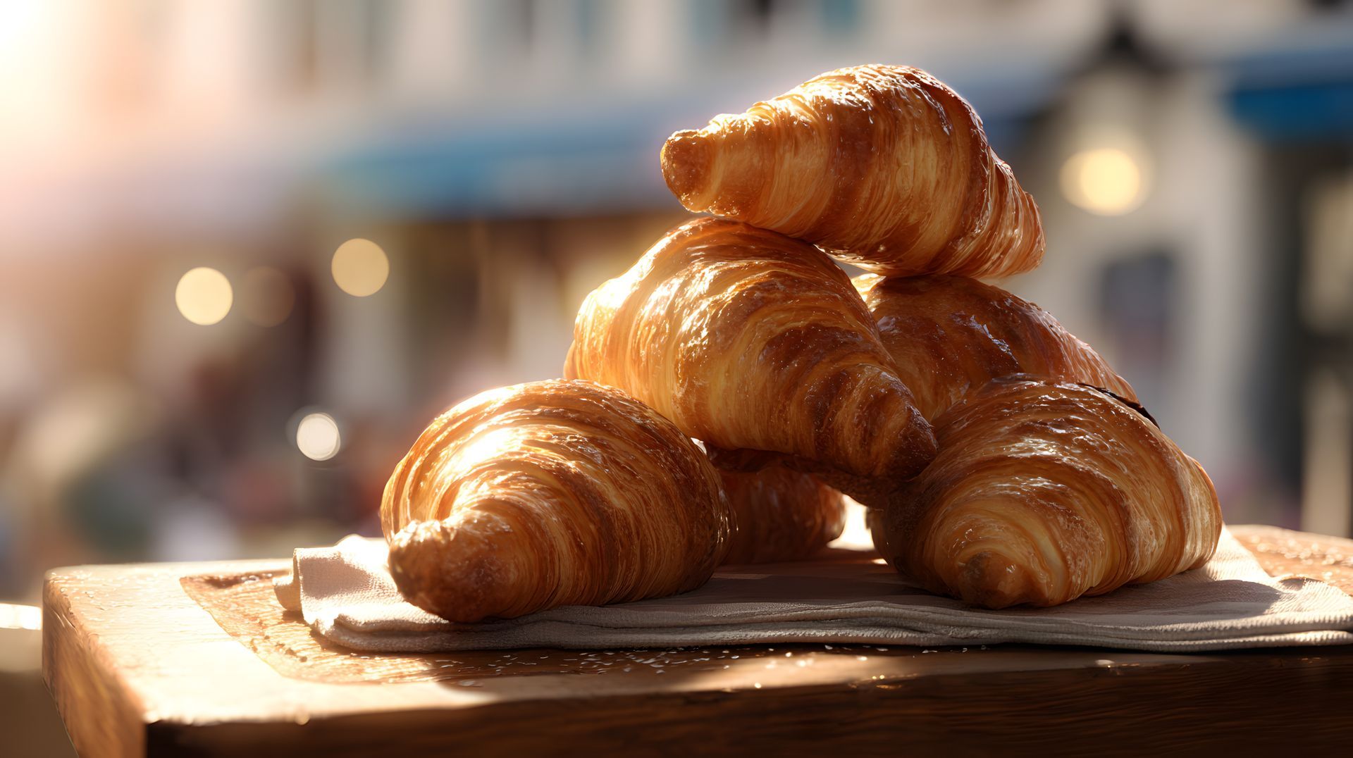 Pile de croissants dorés et feuilletés sur une planche en bois, avec en arrière-plan un café flou.