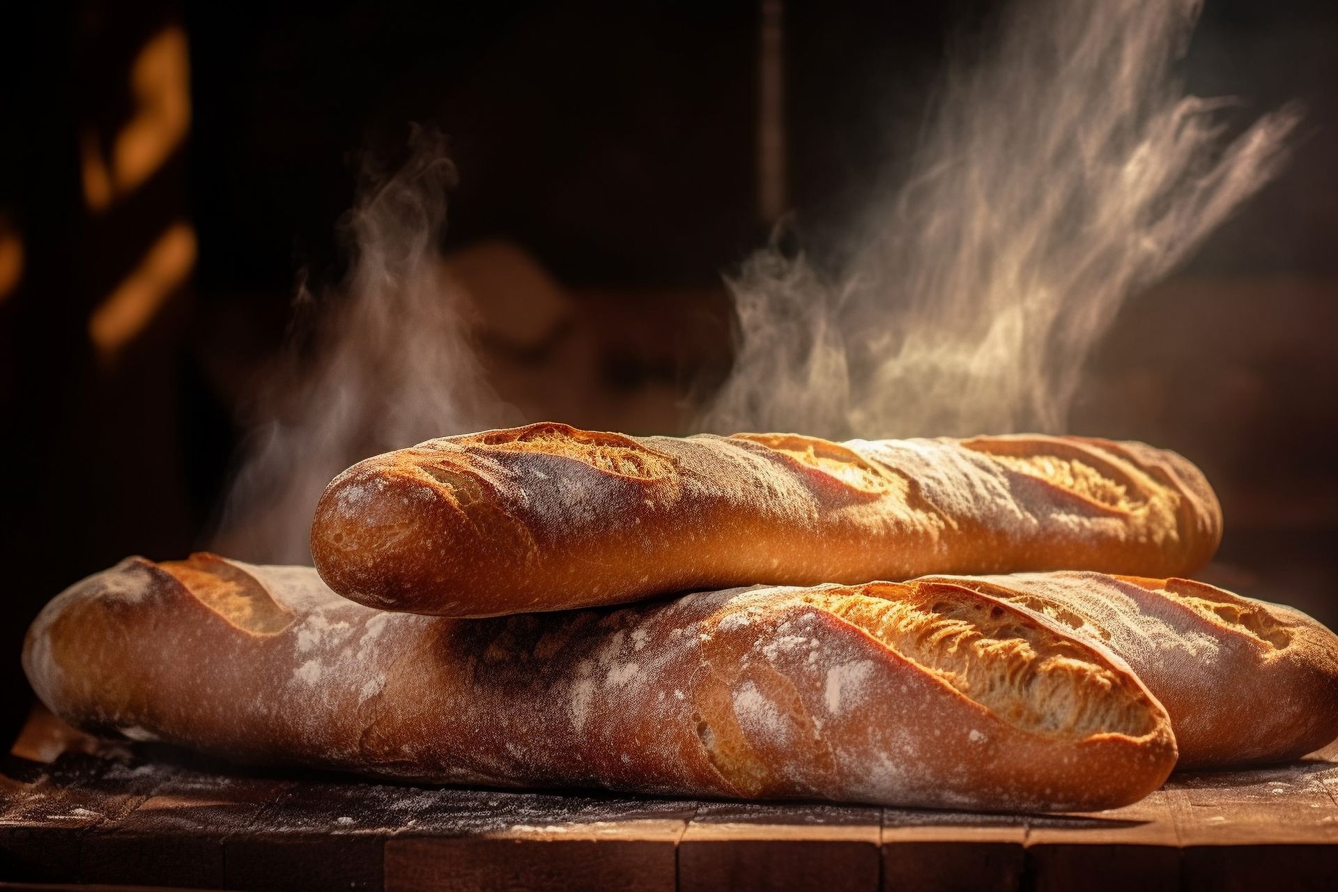 Baguettes fraîchement cuites sur une surface en bois, vapeur qui s'élève, éclairage chaleureux.