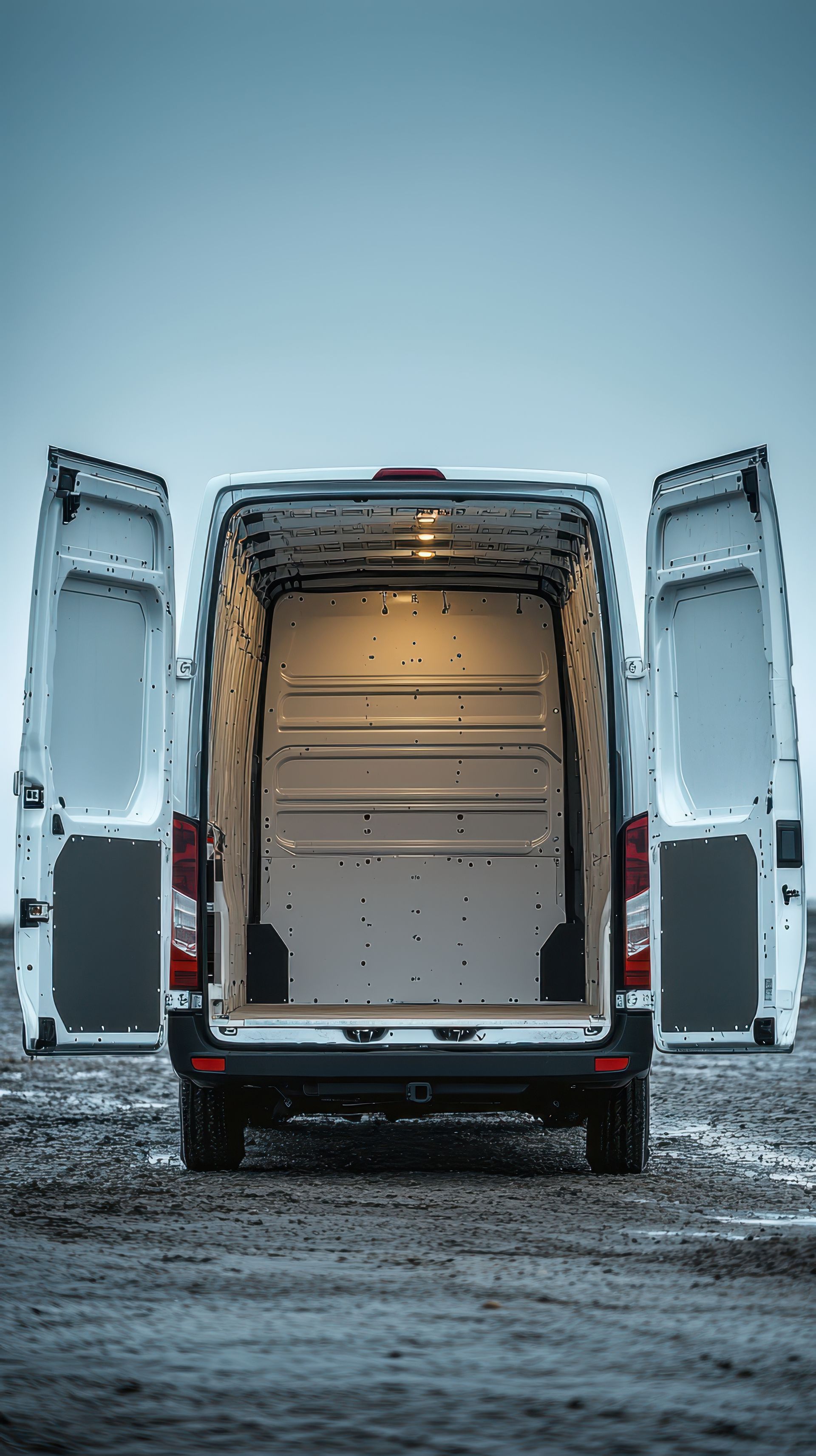 Un utilitaire avec les portes arrière ouvertes.