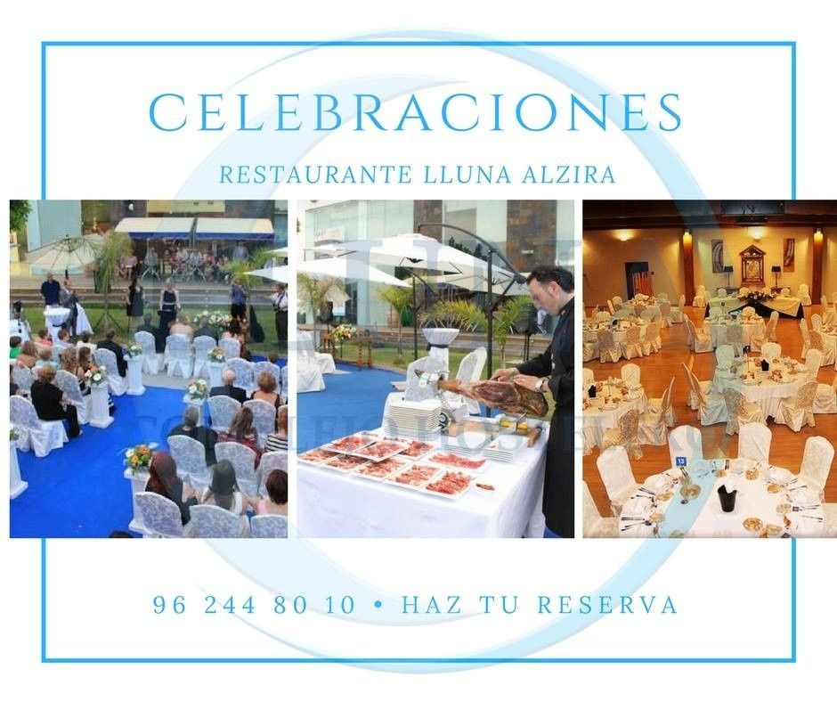 Celebraciones en el Restaurante Lluna Alzira: ceremonia al aire libre, mesa de comida y salón de banquetes.