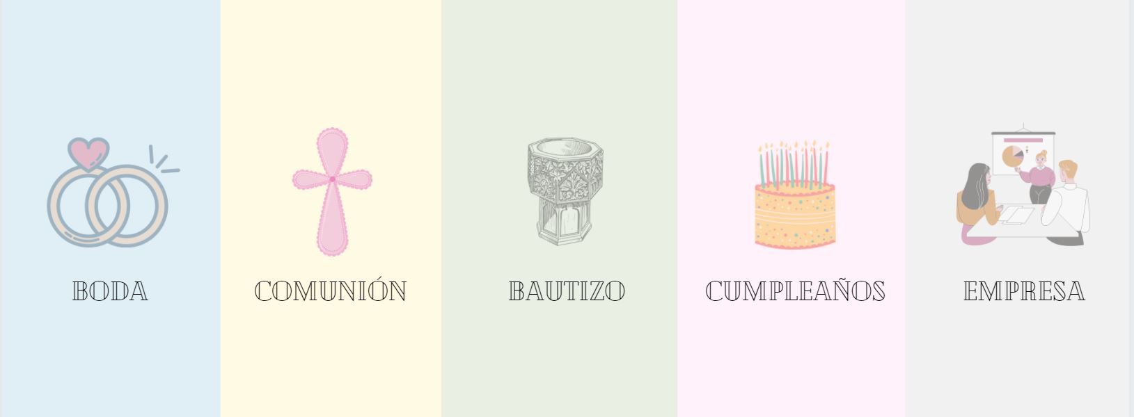 Iconos que representan anillos de boda, cruz, cáliz, pastel y familia, con sus palabras correspondientes en español.