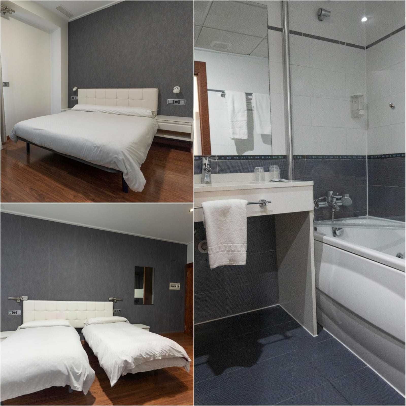 Collage de habitación de hotel: cama, baño con lavabo/espejo y dos camas individuales; decoración en blanco, gris y azul.
