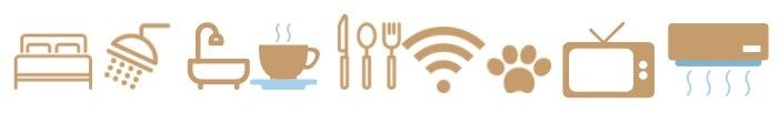 Iconos de alojamiento: cama, ducha, bañera, café, utensilios, Wi-Fi, pata de mascota, TV, aire acondicionado.