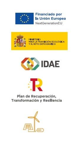 Logotipos para la Unión Europea, Ministerio de Hacienda, IDAE y Plan de Recuperación, con ilustración de energías renovables.
