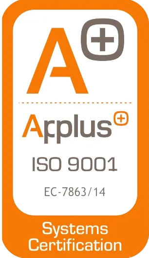 Un cartel naranja y blanco que dice applus iso 9001