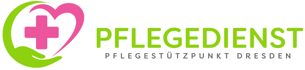 Logo eines Gesundheitsdienstes. Es zeigt ein rosa Kreuz in einem Herzen, eine grüne Hand und den Text „PFLEGEDIENST“ in Grün.