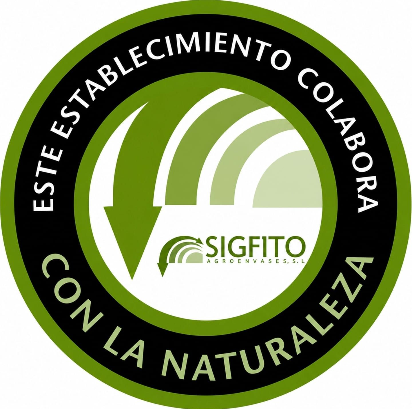 Green circular SIGFITO logo with “Este establecimiento colabora con la naturaleza” text