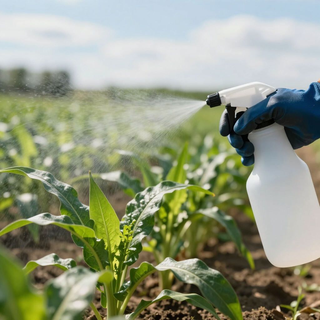 Mano enguantada rociando cultivos en un campo con una botella de pulverización blanca.