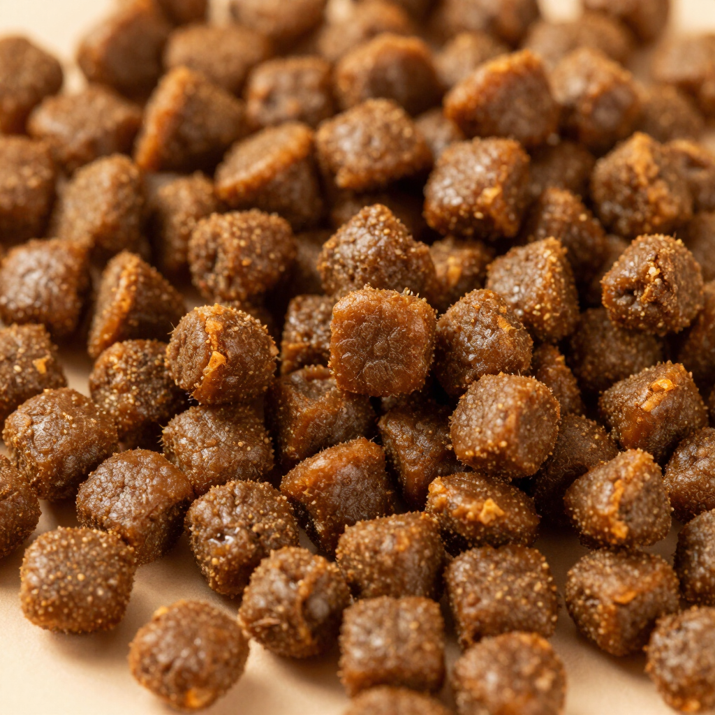Primer plano de croquetas secas marrones para mascotas apiladas sobre una superficie clara.