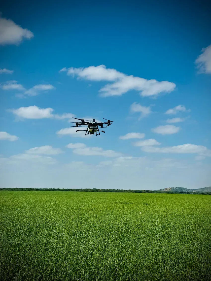 Un dron sobrevuela un campo verde bajo un cielo azul con nubes dispersas.