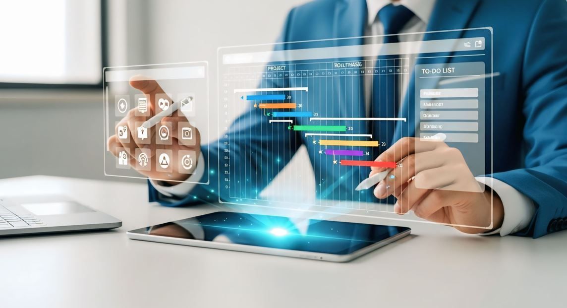 Hombre de traje interactuando con una línea de tiempo holográfica del proyecto en una tableta en un escritorio.