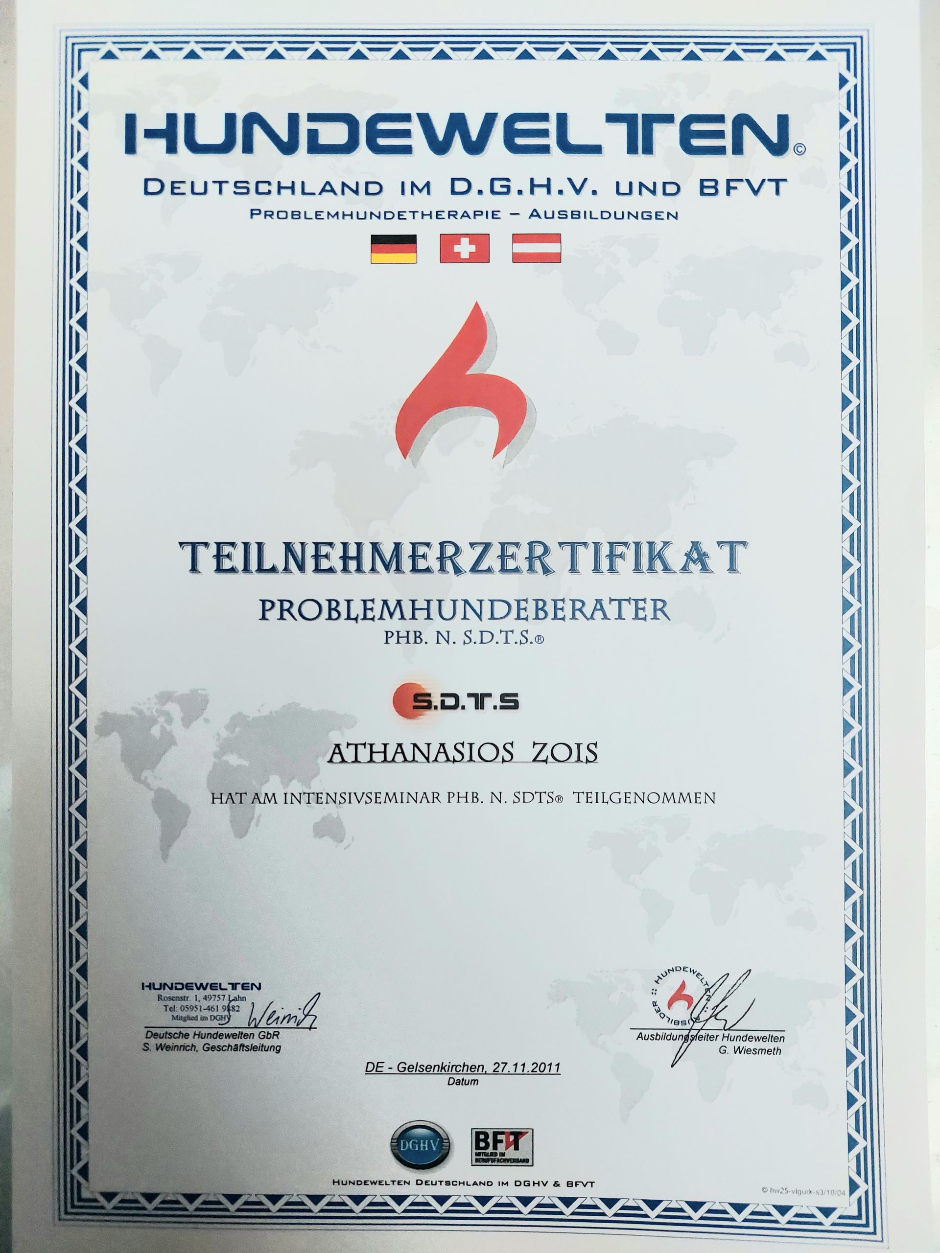 Teilnehmerzertifikat für Problemhundeberater